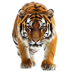 Obraz premium Tiger walking with intense gaze, white isolate background