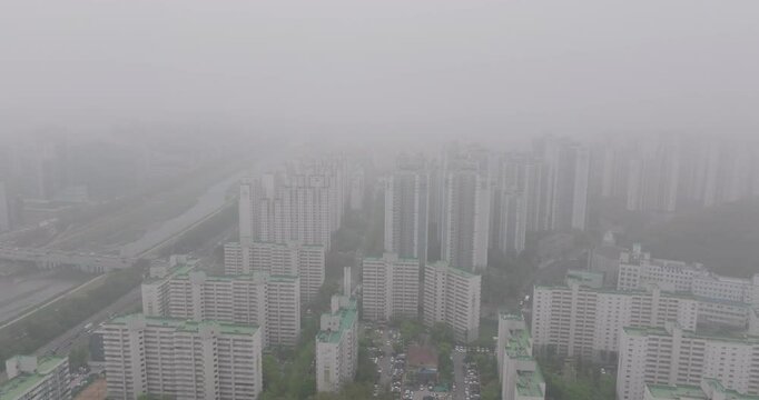Aerial View of Apartment Complex in Gwangmyeong, South Korea Covered in Heavy Smog
