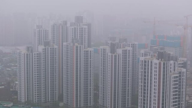 Aerial View of Apartment Complex in Gwangmyeong, South Korea Covered in Heavy Smog