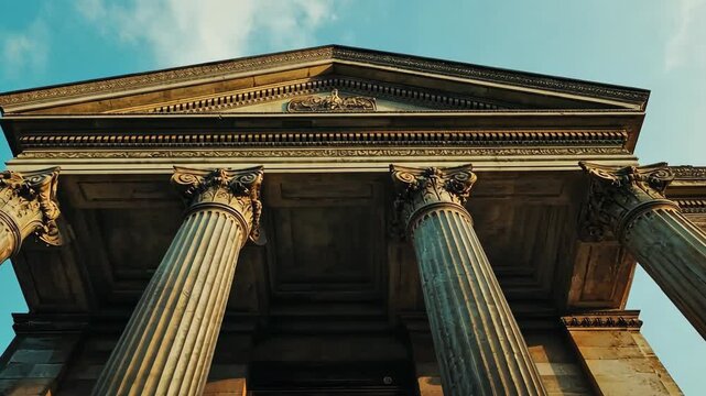 A low-angle shot of a large, ornate building with columns