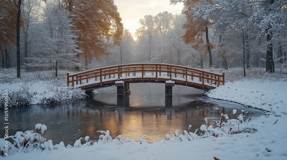 Aufkleber This tranquil winter scene features a charming wooden bridge arching over a nearly frozen pond, with snow-draped trees illuminated by the soft light of dawn.