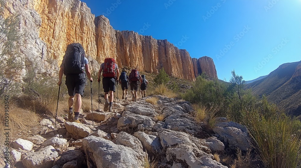 Poster a group of hikers makes their way along a rocky trail, surrounded by towering cliffs under a clear b
