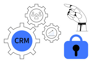Obraz premium Gears represent CRM and data, robotic hand signifies technology, graph indicates growth, and lock symbolizes security. Ideal for technology, security, CRM systems, data management, automation. Simple