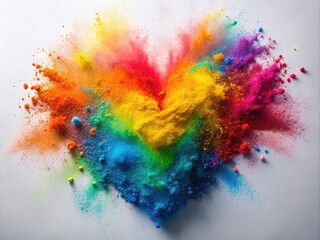 Obraz premium Colorful Rainbow Holi Paint Powder Explosion in Heart Shape on White Background â€“ Vibrant Long Exposure Capture of Festive Celebration and Joyful Colors