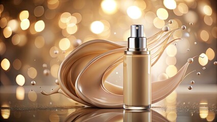 Naklejka premium Creamy Beige Foundation Splash with Bokeh Effect for Makeup Cosmetic Mockup â€“ Minimalist Beauty Banner Design