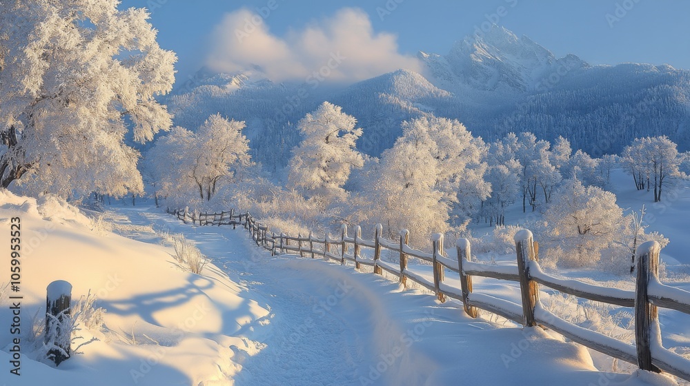 Poster snow blankets a winding path surrounded by vibrant frosty trees and distant mountains. the serene wi