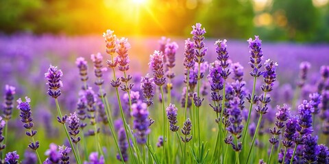 Obraz premium A vibrant cluster of lavender blooms in a lush green meadow on a warm summer afternoon, landscape, purple flowers, blossoms, wildflowers, floral arrangement