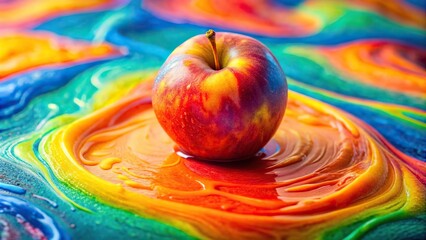 A juicy peach sitting on a bed of colorful slime with a few slime droplets surrounding it, fun, jelly, playful, creative