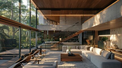 Fototapeta premium Comfortable smart home modern living room interior, AI generated image