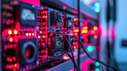 Fototapeta premium Bright circuits and data nodes in a high-tech setup, showcasing the complex interconnections of modern science