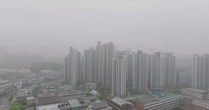 Aerial View of Apartment Complex in Gwangmyeong, South Korea Covered in Heavy Smog