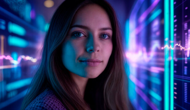 Blue-eyed woman with long brown hair analyzing holographic data projections, futuristic and focused
