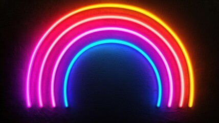 A vibrant neon rainbow features bold, glowing arcs in pink, blue, and orange against a dark background.