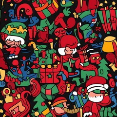 Seamless Pattern Whimsical Christmas and New Year Doodles  Featuring Festive Icons, Cozy Winter Scenes, and Seasonal Decorations in Vibrant Colors