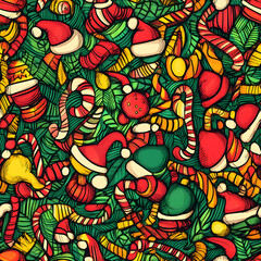 Obraz premium Seamless Pattern Whimsical Christmas and New Year Doodles Featuring Festive Icons, Cozy Winter Scenes, and Seasonal Decorations in Vibrant Colors