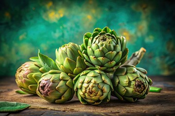 Obraz premium Fresh Green Artichokes on a Soft Pastel Background - Healthy Food Still Life Photography, Organic Produce, Culinary Art, Vibrant Colors, Minimalist Style, Food Aesthetics, Gourmet Ingredients