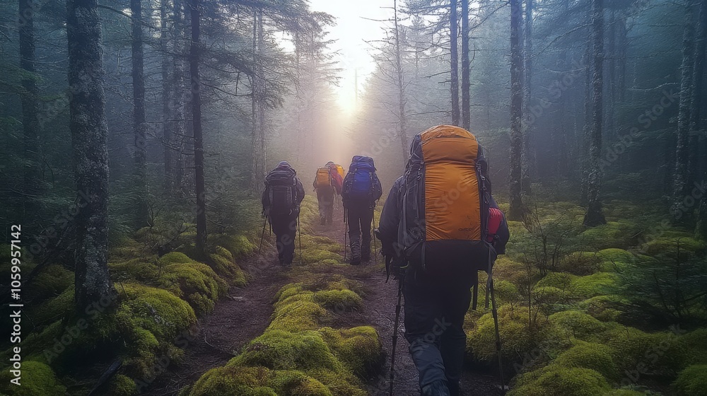 Poster a group of hikers walks along a narrow trail enveloped in fog, with towering trees creating a serene