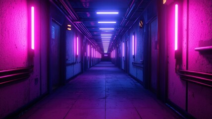 Fototapeta premium A dimly lit corridor with vibrant pink and blue neon lights illuminating the walls, creating a futuristic, cyberpunk atmosphere.
