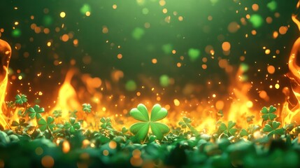 Digital artwork featuring fire and shamrocks with a St. Patrick's Day theme.