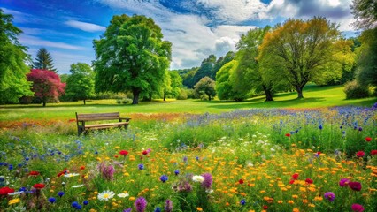 Fototapeta premium A lush green meadow with vibrant wildflowers, trees, and a few benches scattered around the area., serene atmosphere, countryside views, outdoor seating, relaxation spot, wildflower fields