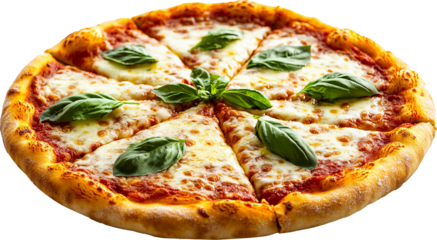 Freshly baked margherita pizza with basil on transparent background. Italian cuisine and food photography concept