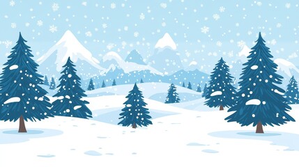 Obraz premium A serene winter landscape featuring snow-covered mountains and evergreen trees under a snowy sky.
