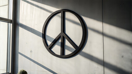 Bold peace symbol on wall with natural light and shadows in modern interior