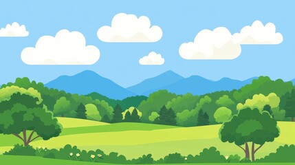 Obraz premium A serene landscape featuring rolling hills, trees, and a bright blue sky with fluffy clouds.