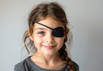 Cute smiling girl with an adjustable medical black patch on one eye to restore and rest the eye after surgery.