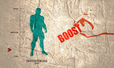 Hormone testosterone level measuring scale with muscular man silhouette. Hand holding boost word. Testosterone boosting