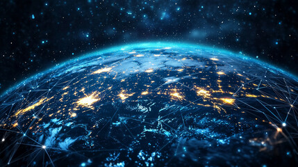 Obraz premium stunning view of Earth from space, showcasing glowing cities and interconnected networks. vibrant blue and bright lights create sense of futuristic global market