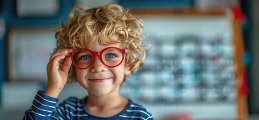 Young boy wearing red glasses in an optometrists office