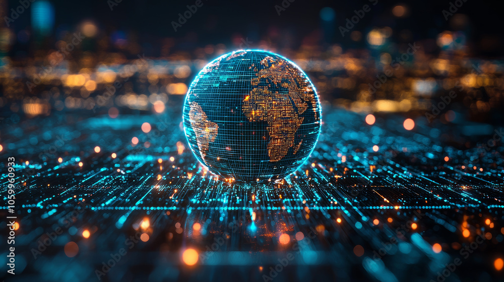 Sticker digital globe with glowing connections representing global data flow and technology. vibrant blue an
