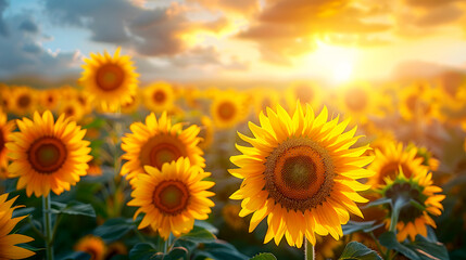 Obraz premium Vibrant Sunflower Field at Sunset