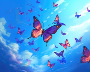 Obraz premium Delicate rainbow butterflies flutter on a blue sky with clouds.