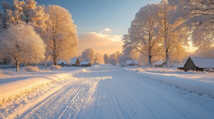 Obraz premium The quiet country road is blanketed in fresh snow, lined by frosted trees and charming cottages, basking in the warm glow of the rising sun.