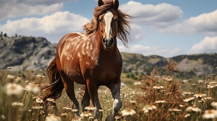 Obraz premium Brown horse running through meadow with flowers