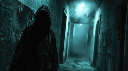 Hooded figure in a dark hallway