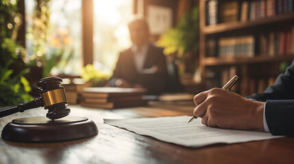 Fototapeta premium Legal Advisor Reviewing and Signing Important Contract in Professional Office with Luxury Pen, Gavel and Books, Person Signing A Document, Judge Gavel And Law