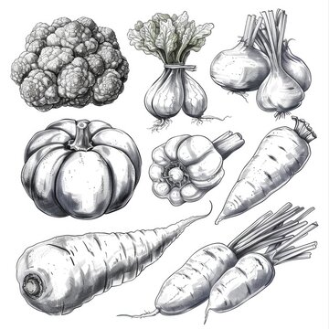 Black and white illustration of various vegetables
