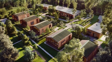 Fototapeta premium Aerial view of modern, eco-friendly cabins surrounded by lush greenery, offering a serene retreat in nature.