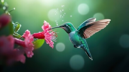 Fototapeta premium a hummingbird feeding on the nectar of a flower. The hummingbird, with its slender, elongated beak, is positioned perfectly to extract nectar from a bright pink flower.
