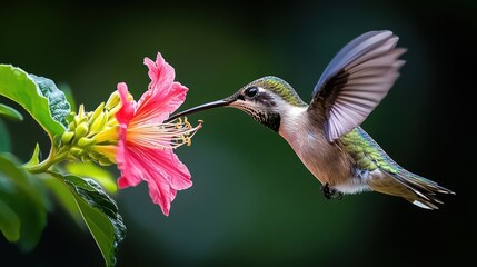 Fototapeta premium a hummingbird feeding on the nectar of a flower. The hummingbird, with its slender, elongated beak, is positioned perfectly to extract nectar from a bright pink flower.