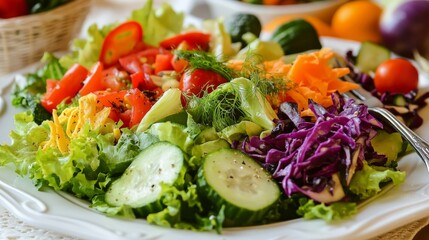Vibrant Raw Vegetable Salad on a White Plate