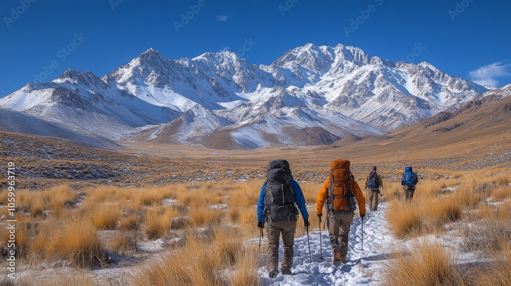 Poster a group of hikers navigates a snowy path surrounded by tall grass in the andes mountains. the stunni