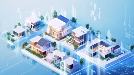 An aerial view of a futuristic neighborhood, featuring modern homes surrounded by digital elements, symbolizing smart urban living and technology integration.
