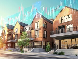 Fototapeta premium A modern residential area featuring multiple stylish homes, complemented by a skyline chart indicating real estate trends.