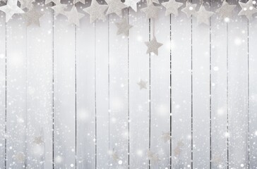 Fototapeta premium Festive White Christmas Decorations on Rustic Wooden Background with Snowflakes and Stars