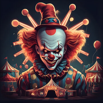 Horror clown and creapy funfair or circus. Concept of evil and fear. Designed using generative ai.