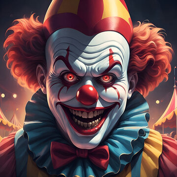 Horror clown and creapy funfair or circus. Concept of evil and fear. Designed using generative ai.